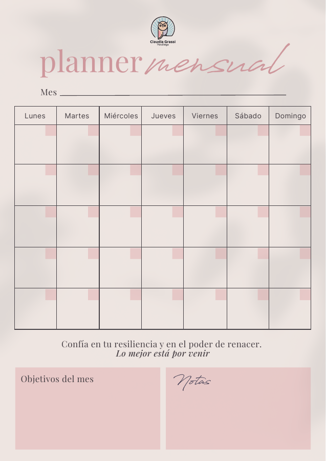 Portada del planner mensual imprimible de Claudia Grassi